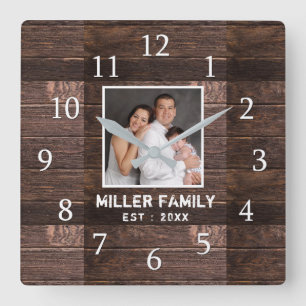 Personlig Photo Brown Wood Family Namn Fyrkantig Klocka