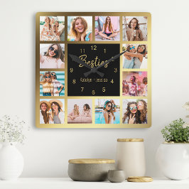 Personlig Photo Collage Besties Guld Black Fyrkantig Klocka