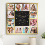 Personlig Photo Collage Besties Guld Black Fyrkantig Klocka<br><div class="desc">Gör den här eleganten för trendig svart och guld fotosamlingsmur unik med 12 av dina favoritfoton med din eller dina bästa vänner. Utformningen har också ett modernt handskript med "Besties"-skript,  namn och det datum du träffades.</div>