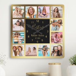 Personlig Photo Collage Besties Guld Black Fyrkantig Klocka