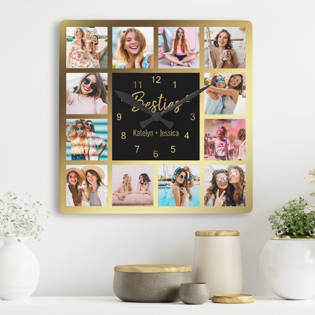 Personlig Photo Collage Besties Guld Black Fyrkantig Klocka (Skapare uppladdad)