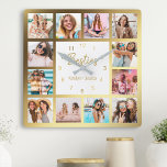 Personlig Photo Collage Besties Guld White Fyrkantig Klocka<br><div class="desc">Gör den här eleganten för trendig vit och guld fotosamlingsmur unik med 12 av dina favoritfoton med din eller dina bästa vänner. Utformningen har även ett modernt handskript med "Besties"-skript och namn.</div>