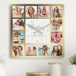 Personlig Photo Collage Besties Guld White Fyrkantig Klocka