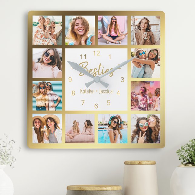 Personlig Photo Collage Besties Guld White Fyrkantig Klocka (Skapare uppladdad)