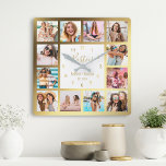 Personlig Photo Collage Besties Guld White Fyrkantig Klocka<br><div class="desc">Gör den här eleganten för trendig vit och guld fotosamlingsmur unik med 12 av dina favoritfoton med din eller dina bästa vänner. Utformningen har också ett modernt handskript med "Besties"-skript,  namn och det datum du träffades.</div>