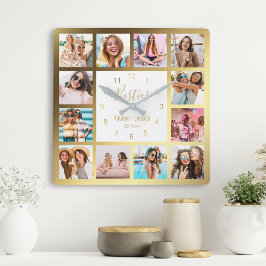 Personlig Photo Collage Besties Guld White Fyrkantig Klocka