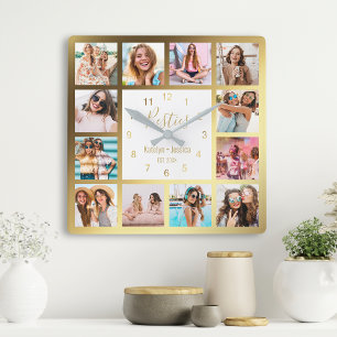 Personlig Photo Collage Besties Guld White Fyrkantig Klocka