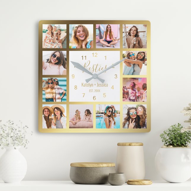 Personlig Photo Collage Besties Guld White Fyrkantig Klocka (Skapare uppladdad)