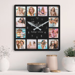 Personlig Photo Collage Black Silver Vänskap Fyrkantig Klocka<br><div class="desc">Gör den här eleganten för trendig svart och silver fotosamlingsmur unik med 12 av dina favoritfoton med din eller dina bästa vänner. Utformningen har även ett modernt handskript med "Besties"-skript och namn.</div>