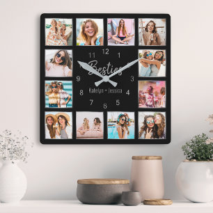 Personlig Photo Collage Black Silver Vänskap Fyrkantig Klocka