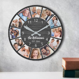 Personlig Photo Collage Black Wood Family Rund Klocka