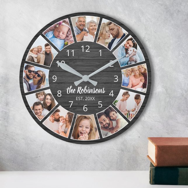 Personlig Photo Collage Black Wood Family Rund Klocka (Skapare uppladdad)