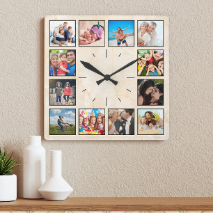 Personlig Photo Collage Elegant Beige Marble Fyrkantig Klocka