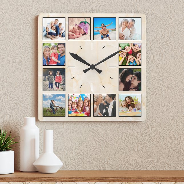 Personlig Photo Collage Elegant Beige Marble Fyrkantig Klocka (Skapare uppladdad)