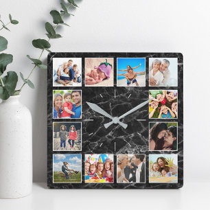 Personlig Photo Collage Elegant Black Marble Fyrkantig Klocka