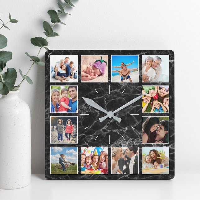 Personlig Photo Collage Elegant Black Marble Fyrkantig Klocka (Skapare uppladdad)