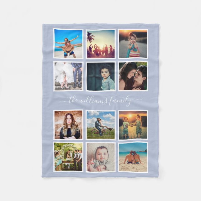 Personlig Photo Collage Family Light Dusty Blue Fleecefilt (Framsidan)