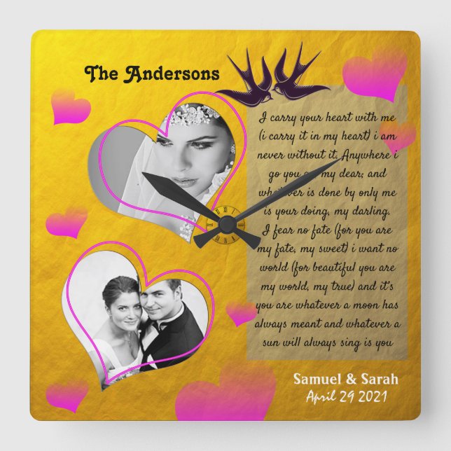 Personlig Photo Collage Golden Bröllop Clock Fyrkantig Klocka (Framsida)