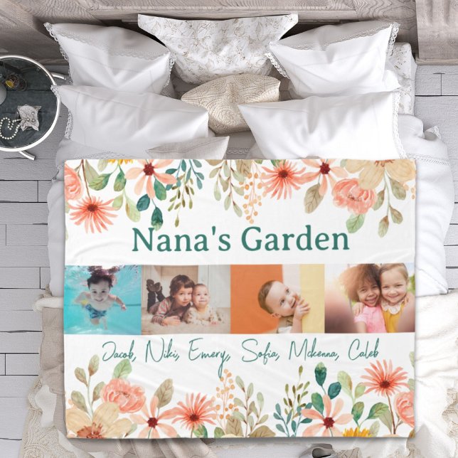 Personlig Photo Collage Nana Grandmas Garden Fleecefilt (Personalized Photo Collage Nana Grandma's Garden Fleece Blanket)