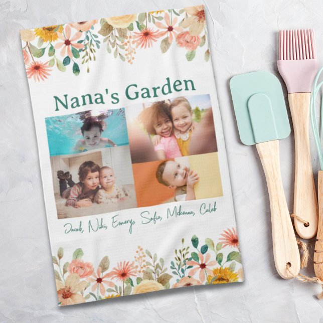 Personlig Photo Collage Nana Grandmas Garden Kökshandduk (Personalized Photo Collage Nana Grandma's Garden Kitchen Towel)