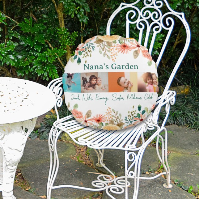 Personlig Photo Collage Nana Grandmas Garden Rund Kudde (Personalized Photo Collage Nana Grandma's Garden Round Pillow)