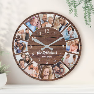 Personlig Photo Collage Natural Wood Family Stor Klocka