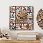 Personlig Photo Collage Rustic Wood Vin Barrel Fyrkantig Klocka<br><div class="desc">Skapa enkelt din egen personlig med  tjocka väggklocka i träfat med anpassningsbarnas foton. För bästa resultat ska skörd gå till kvadrat - med skärningspunkten i mitten - före uppladdning.</div>