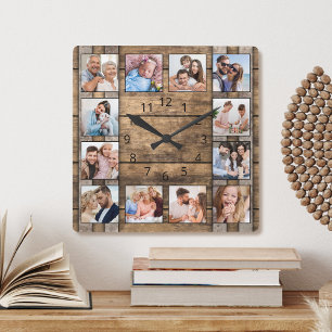 Personlig Photo Collage Rustic Wood Vin Barrel Fyrkantig Klocka