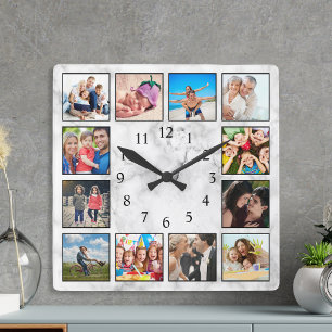 Personlig Photo Collage Snyggt White Marble Fyrkantig Klocka
