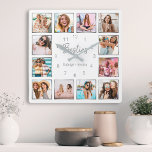 Personlig Photo Collage White Silver Vänskap Fyrkantig Klocka<br><div class="desc">Gör den här eleganten för trendig vit och silver fotosamlingsmur unik med 12 av dina favoritfoton med din eller dina bästa vänner. Utformningen har även ett modernt handskript med "Besties"-skript och namn.</div>