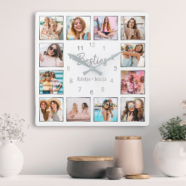 Personlig Photo Collage White Silver Vänskap Fyrkantig Klocka