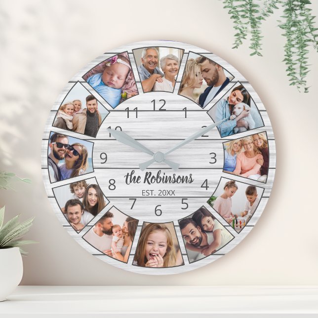 Personlig Photo Collage White Wood Family Rund Klocka (Skapare uppladdad)