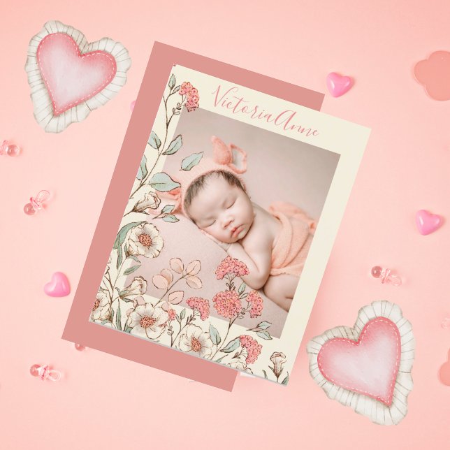 Personlig Photo Girl Blommigt Birth Notice Vykort (Skapare uppladdad)