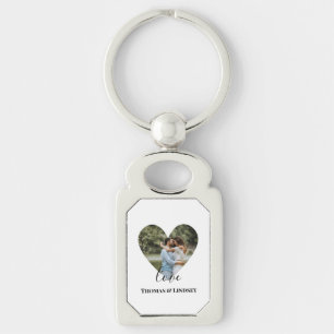 Personlig Photo Heart Ram Modern Calligraphy Rektangulärt Silverfärgad Nyckelring