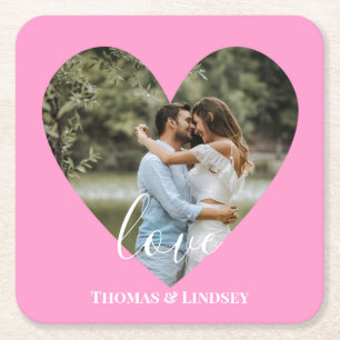 Personlig Photo Heart Ram Modern Calligraphy Underlägg Papper Kvadrat