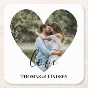 Personlig Photo Heart Ram Modern Calligraphy Underlägg Papper Kvadrat