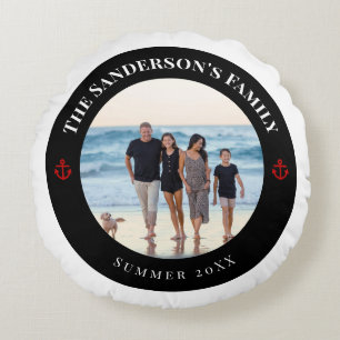Personlig Photo in Black Circle med Red Anchor Rund Kudde