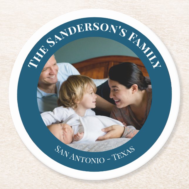 Personlig Photo in Turquise Circle med texter Underlägg Papper Rund (Framsidan)