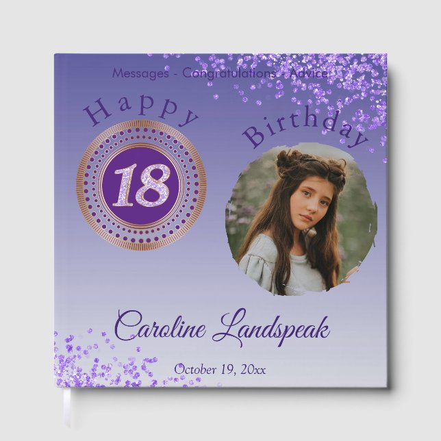 Personlig Photo Lila Glitter, 18:e födelsedagen Gästböcker (Framsida)