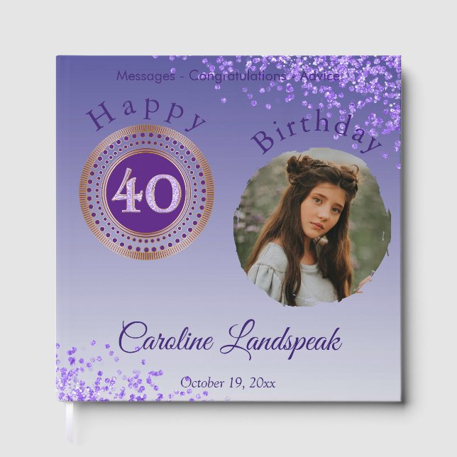 Personlig Photo Lila Glitter, 40:e födelsedagen Gästböcker (Framsida)