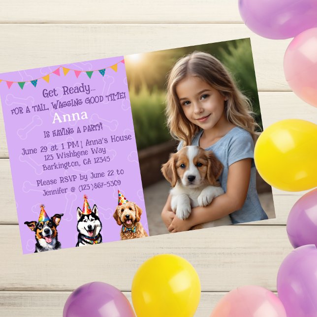 Personlig Photo Lila Puppy Birthday Tass-ty Inbjudningar (Skapare uppladdad)