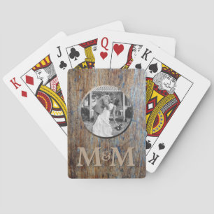 Personlig Photo Monogram Rustic Wood Bröllop Spelkort