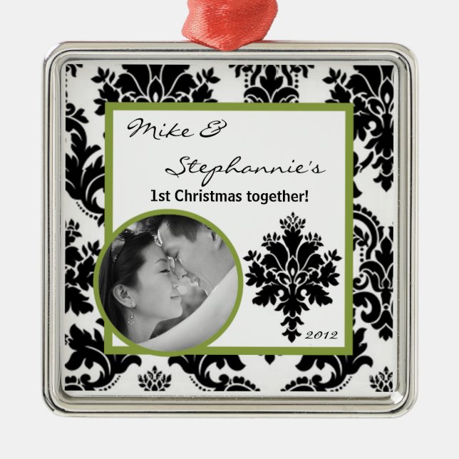 Personlig Photo Ornament Black Grönt Damask (Framsidan)