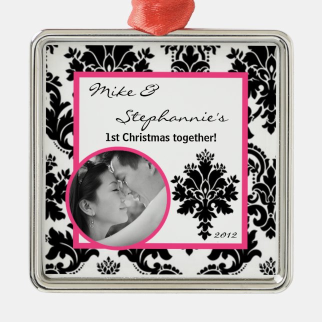 Personlig Photo Ornament Black Shock rosa Damask (Framsidan)