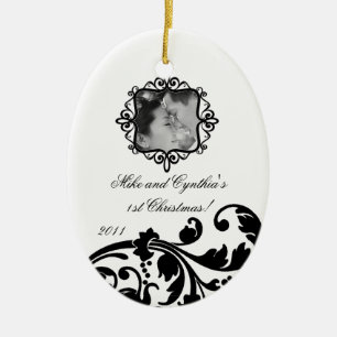 Personlig Photo Ornament Black White-Blommigt