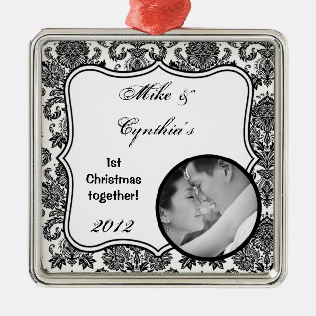 Personlig Photo Ornament Black White Damask Lac (Framsidan)