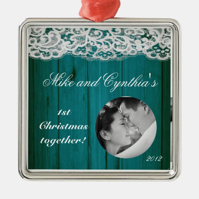 Personlig Photo Ornament Distrissed Teal Wood (Framsidan)