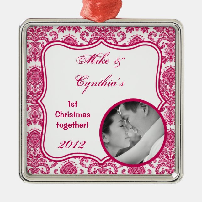 Personlig Photo Ornament Fusia White Damask Lac (Framsidan)