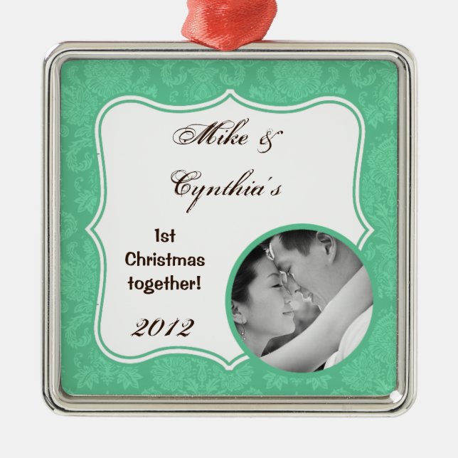 Personlig Photo Ornament Mint White Damask Snöre (Framsidan)