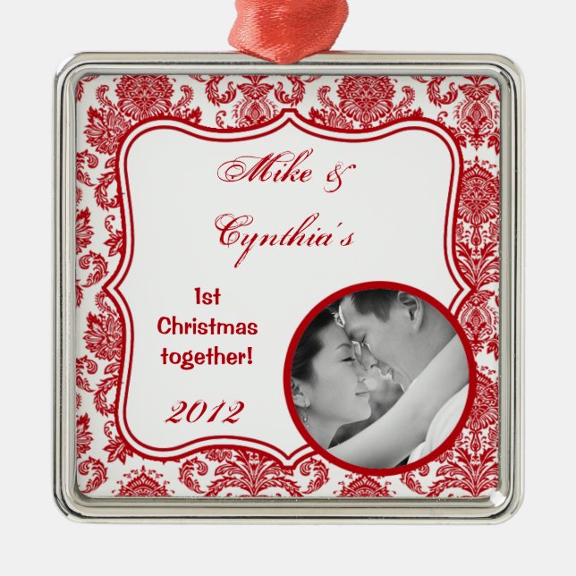 Personlig Photo Ornament Red White Damask Snöre (Framsidan)
